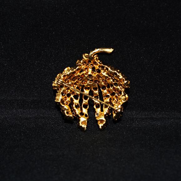 Vintage Floral Red Pink Rhinestone Brooch, Gold Tone, 1990s Jewelry - Picture 6 of 8